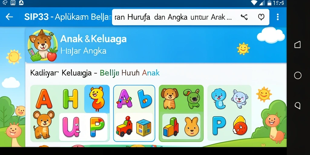 Tampilan antarmuka interaktif aplikasi SIP33 untuk belajar huruf dan angka.