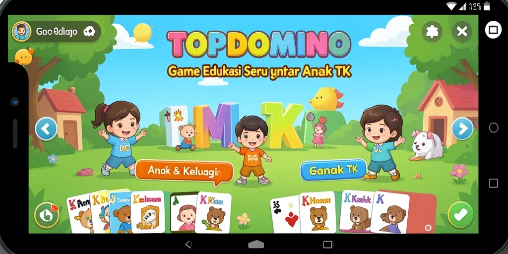 Antarmuka ceria dan edukatif dari TOPDOMINO untuk anak TK.